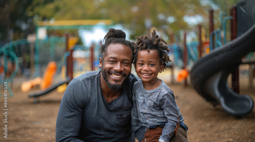 Happy Father and Son Smiling Together at a Playground on a Sunny Day Happy Father and Son Smiling Together at a Playground on a Sunny Day