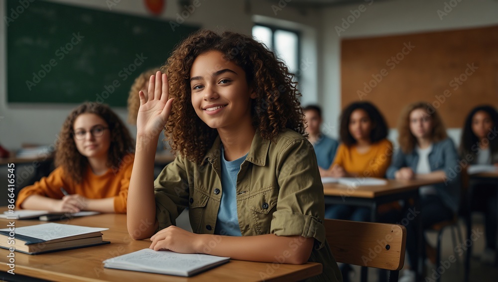 Curly teenage girl raises hand in classroom full of students. She looks engaged, eager to participate in discussion. Diverse group of students in background adds to educational atmosphere Curly teenage girl raises hand in classroom full of students. She looks engaged, eager to participate in discussion. Diverse group of students in background adds to educational atmosphere