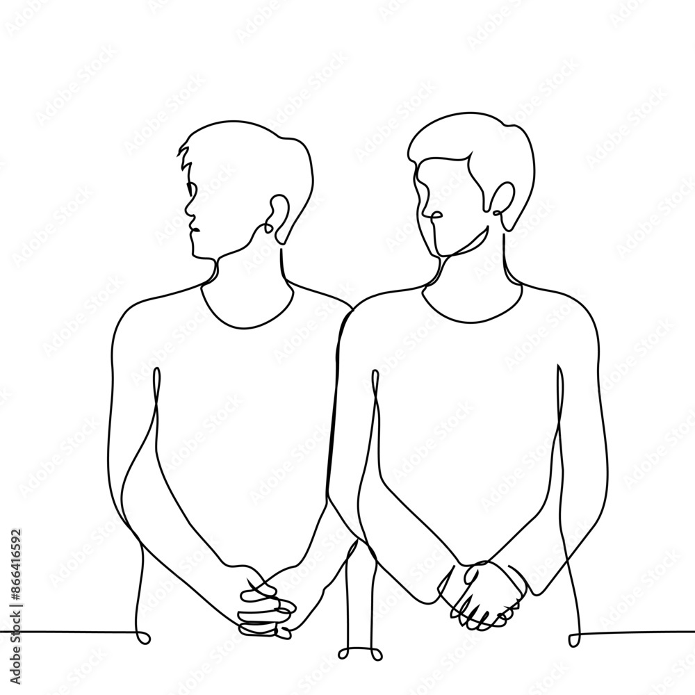 young men stand side by side and both look to the side, - one line art vector. concept guilty students young men stand side by side and both look to the side, - one line art vector. concept guilty students