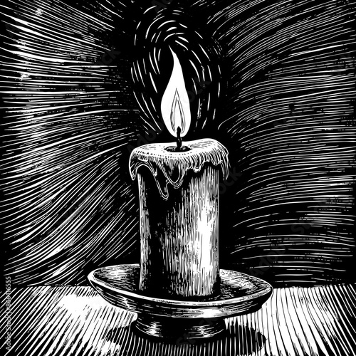 Vintage Hand Drawn Candle Illustration with Melting Wax and Radiating Light.