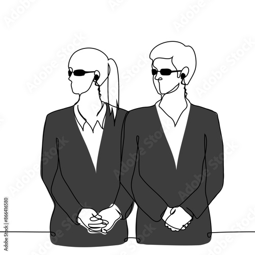 female and male security guards stand side by side in black suits, sunglasses, they both look to the side - one line art vector. concept security