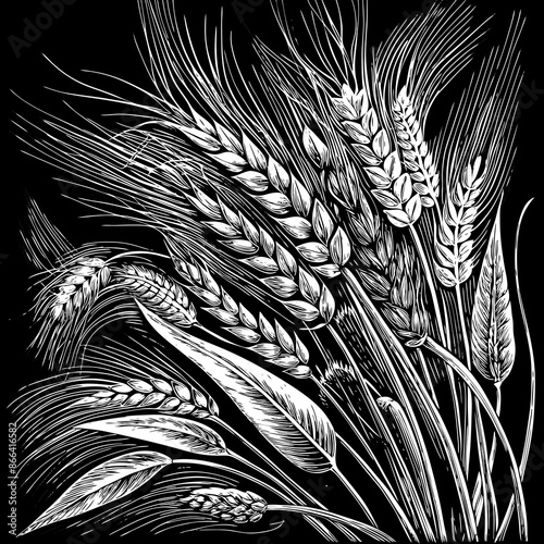 Black and White Detailed Wheat and Grain Illustration.
