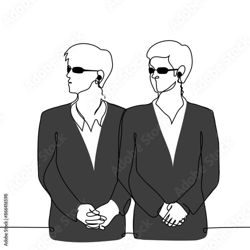 young male security guards stand side by side in black suits, sunglasses, they both look to the side - one line art vector. concept security