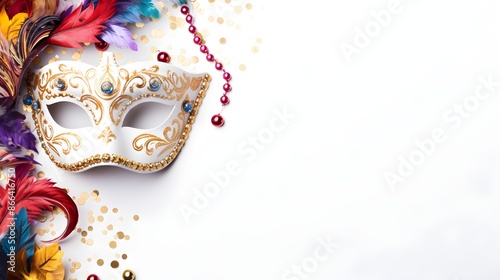 Colorful carnival mask with feathers set on white background