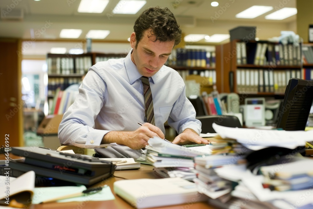 Fototapeta premium Focused professional sorting through documents at a cluttered office desk