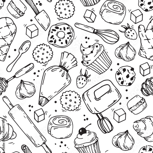 cute seamless pattern on the theme of baking, confectionery. doodle illustration with desserts, cakes and cooking tools