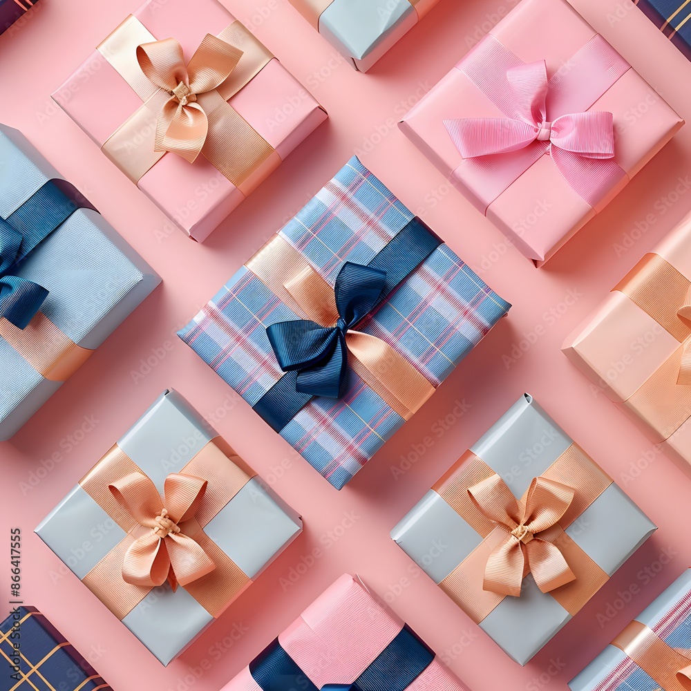 Colorful gift boxes with ribbons and bows arranged in a pattern on a pastel pink background, perfect for celebrations and special occasions Colorful gift boxes with ribbons and bows arranged in a pattern on a pastel pink background, perfect for celebrations and special occasions