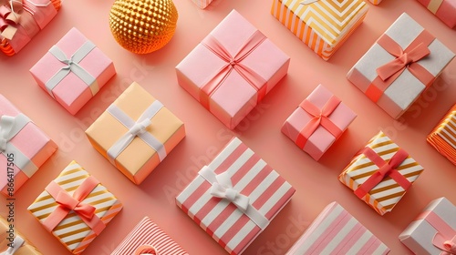 Colorful gift boxes with ribbons and bows arranged in a flat lay pattern on a pastel background, perfect for celebration and festive themes.