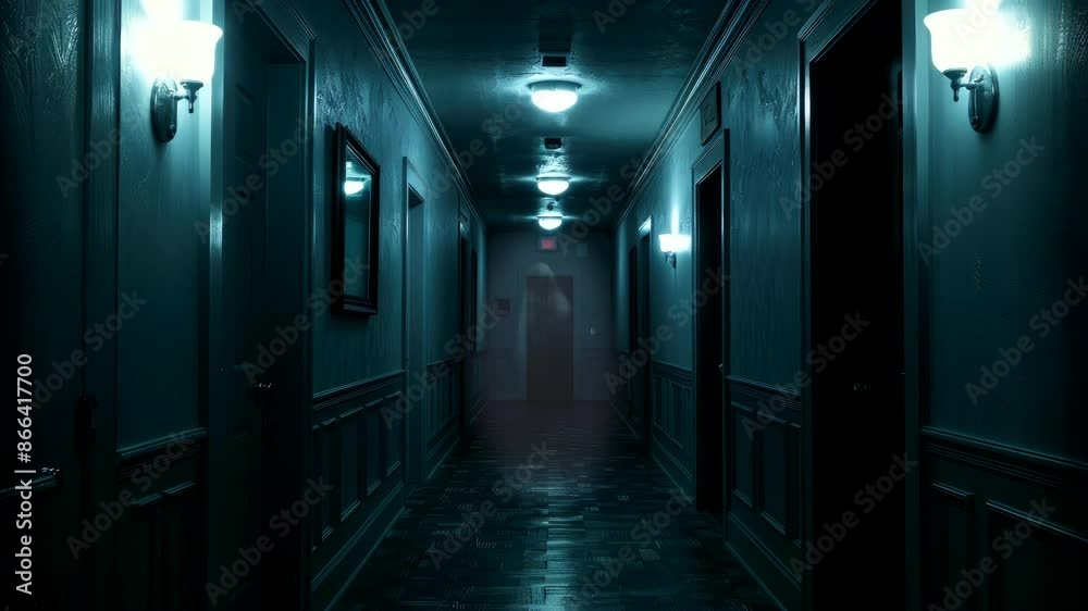 Dark haunted hallway with ghostly presence, horror video background