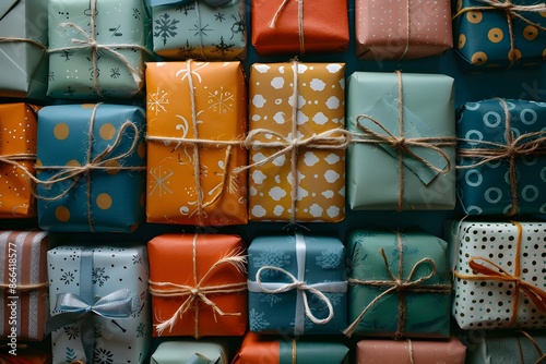 Colorful gift boxes with various patterns and tied with ribbons, offering a festive and celebratory feel for any special occasion or holiday. photo