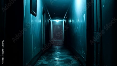 Abandoned decaying hallway with flickering lights, horror video background
