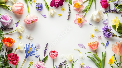 Floral background. Spring flowers frame with tulips, daffodils, crocuses, hyacinths, lilacs, cherry blossoms, azaleas on white background. Top view, flat lay, copy space in middle