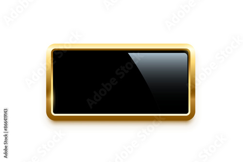Black rectangle button with golden frame vector illustration. 3d glossy elegant design for empty label, emblem, medal or badge, shiny and gradient light effect on plate isolated on white background