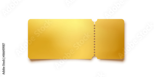 Golden ticket. Gold vector coupon, sticker or discount tag mockup isolated on white background. Cinema, theater, concert, party, event, festival invitation entrance