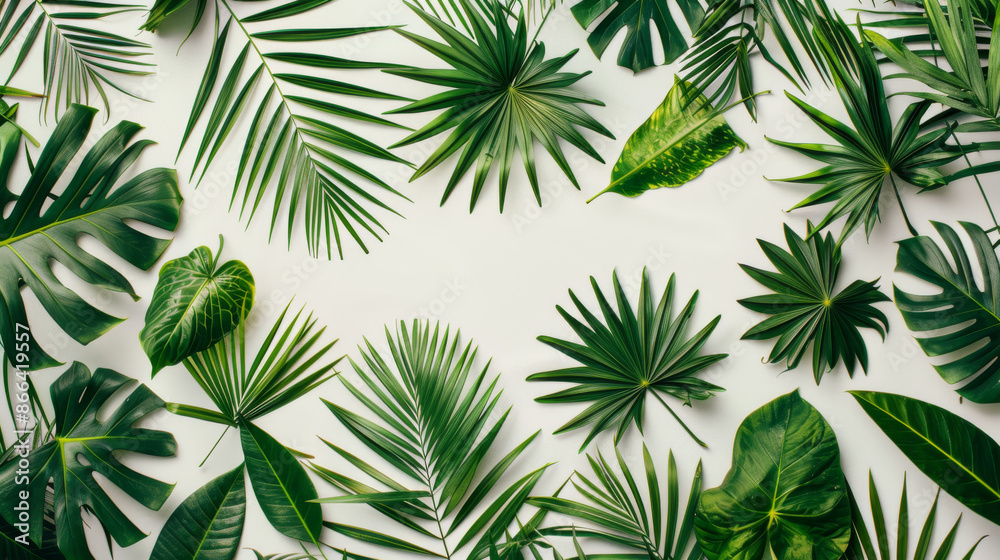 Green leaves on a white background create a tropical texture. Green leaves on a white background create a tropical texture.