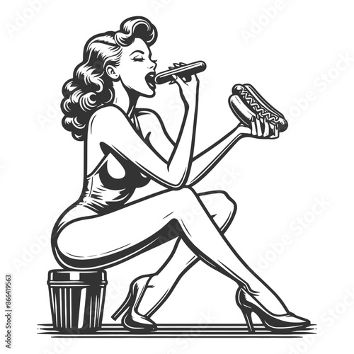 pin-up girl in a swimsuit and heels, sitting and enjoying a hot dog sketch engraving generative ai fictional character vector illustration. Scratch board imitation. Black and white image.