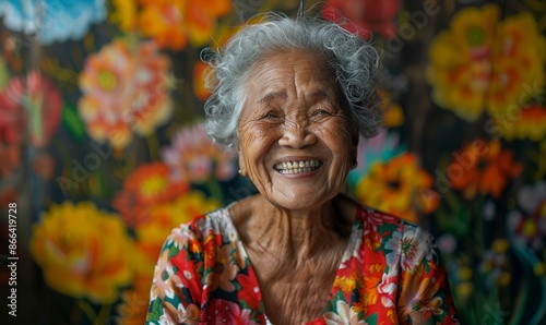 Filipino woman with a floral dress, laughing heartily