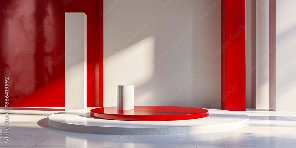 A white and red room with a circular table. A white and red room with a circular table.