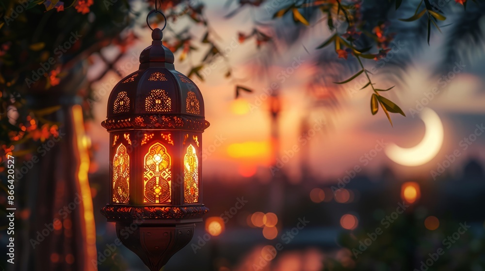 Fototapeta premium Magical Evening Lantern with Crescent Moon and Sunset Glow