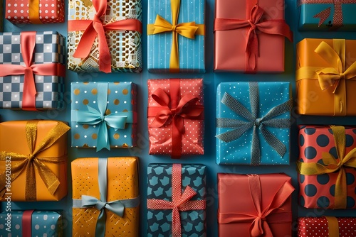 Colorful wrapped gifts with various patterns and ribbons, arranged artistically on a blue background. Perfect for holiday or celebration themes.