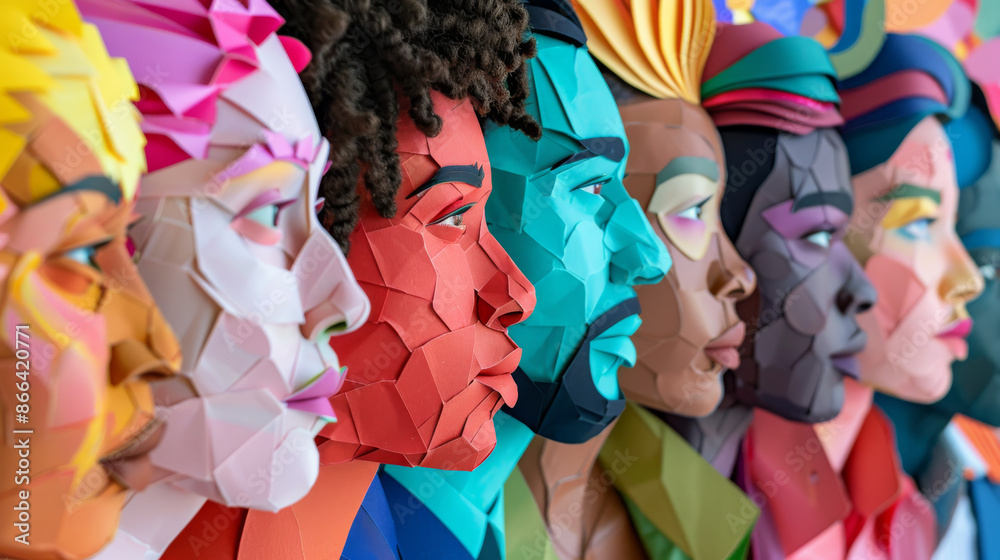 Obraz premium Portraits of diverse individuals from various backgrounds, presented in a paper-like cutout style, showcasing the vibrant spectrum of humanity.
