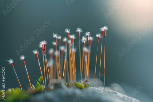 Closeup of tiny moss sporophytes with dewdrops illuminated by soft evening light photo