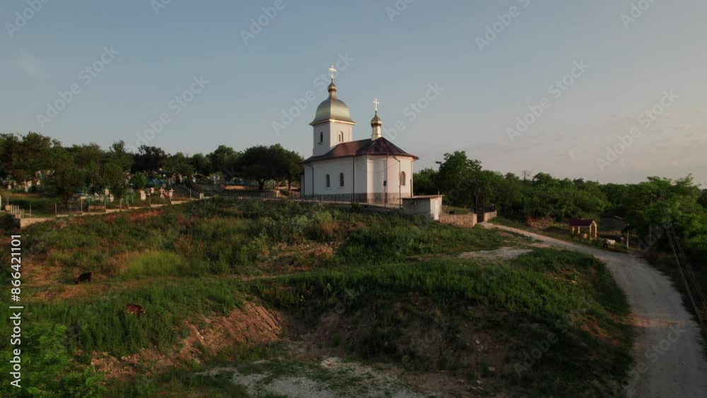 Aerial View of an Orthodox Church in a Small Village on bank a river Dniester Aerial View of an Orthodox Church in a Small Village on bank a river Dniester