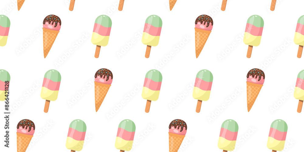 Ice cream seamless pattern. Ice cream on a stick and in a waffle cone in flat style vector. Ice cream seamless pattern. Ice cream on a stick and in a waffle cone in flat style vector.