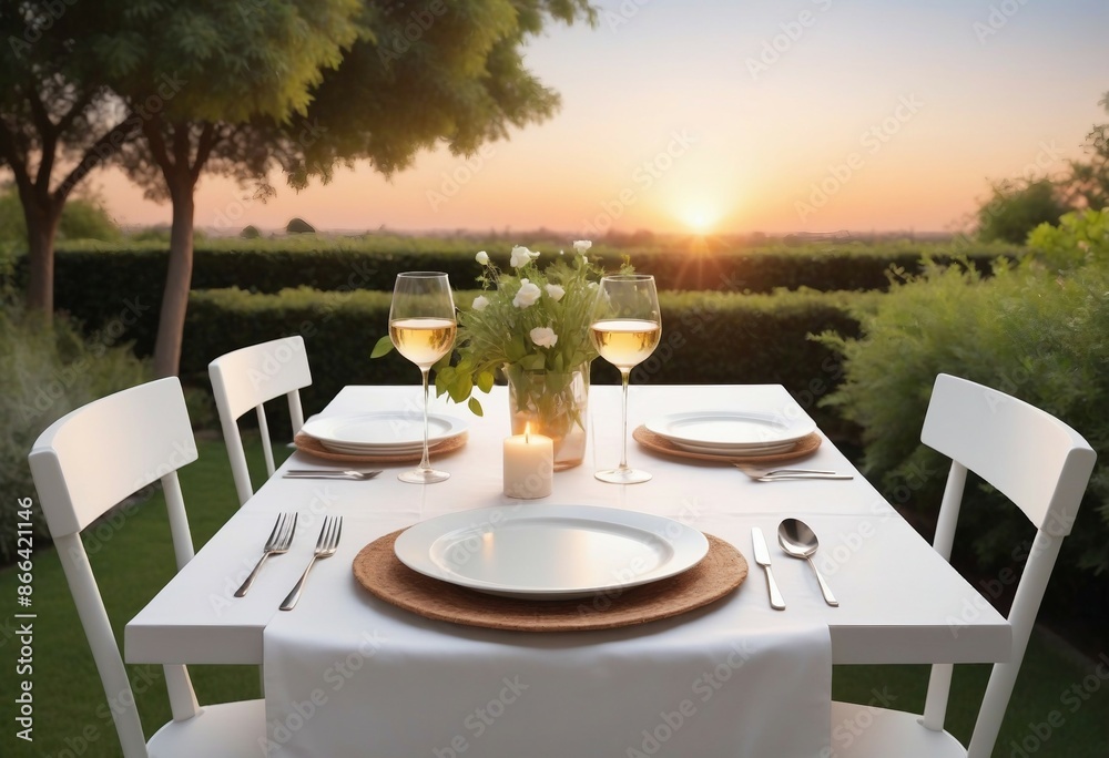 Fototapeta premium A romantic dinner in the garden, sunset moment 