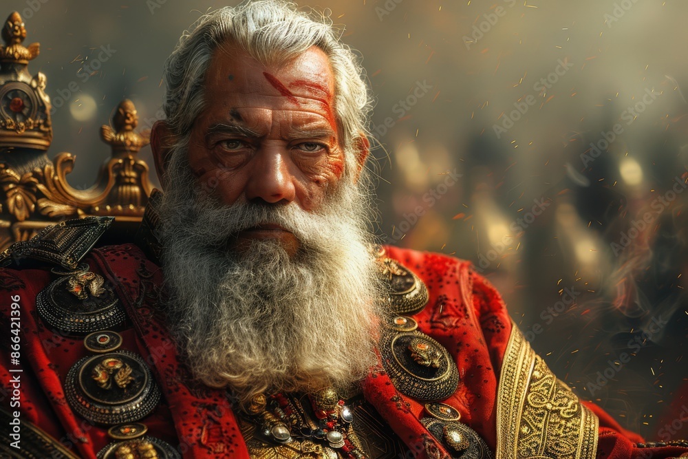 An elderly king with a white beard, wearing elaborate and ornate regal attire, sits on a throne exuding wisdom and authority, surrounded by a mystical ambiance. An elderly king with a white beard, wearing elaborate and ornate regal attire, sits on a throne exuding wisdom and authority, surrounded by a mystical ambiance.