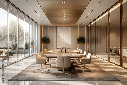 Spacious meeting room with a long conference table and minimalist design. Neutral tones and simple decor.