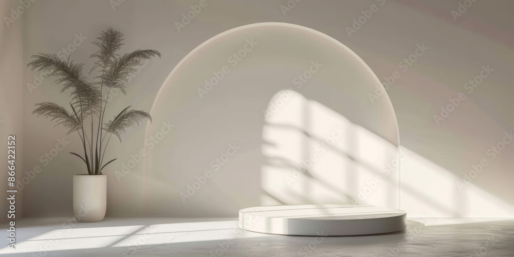 An abstract minimalistic backdrop with an empty white round podium and soft shadow on a light grey wall for product presentation. An abstract minimalistic backdrop with an empty white round podium and soft shadow on a light grey wall for product presentation.