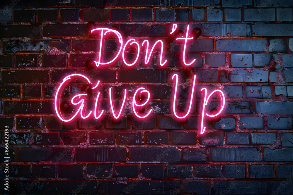 Neon sign with text Don't Give Up on brick wall, motivational and inspirational quotes
