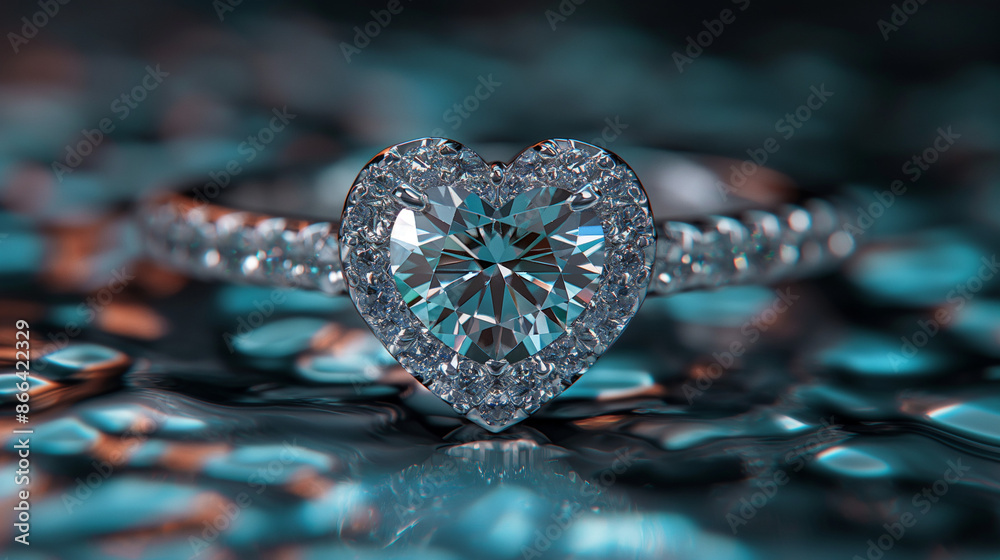 Simple Design of a Large Heart Shaped Diamond Engagement Ring on Tiffany Blue Background