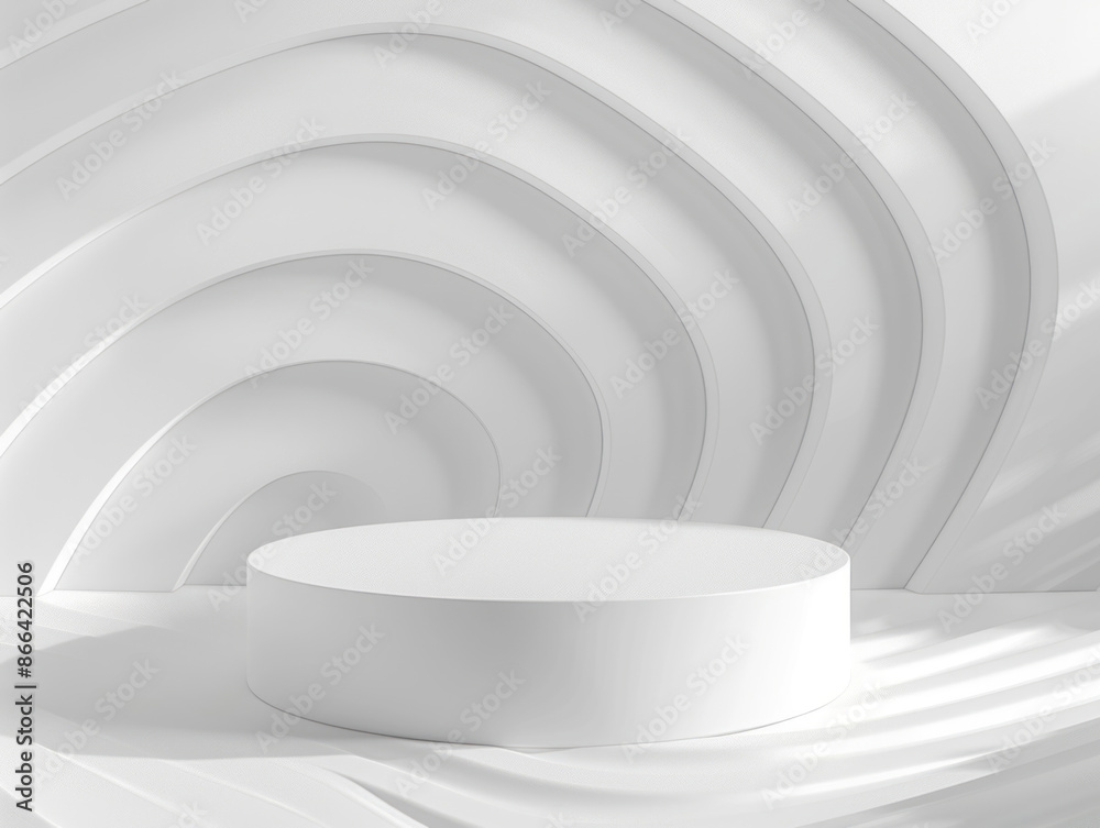 A white podium pedestal on an abstract backdrop with geometric shapes and lines for product presentation. A white podium pedestal on an abstract backdrop with geometric shapes and lines for product presentation.