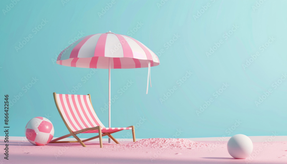 A minimalistic beach umbrella, chair, and ball on a backdrop, in a cartoon style with a simple design, pastel colors, and an isometric view.