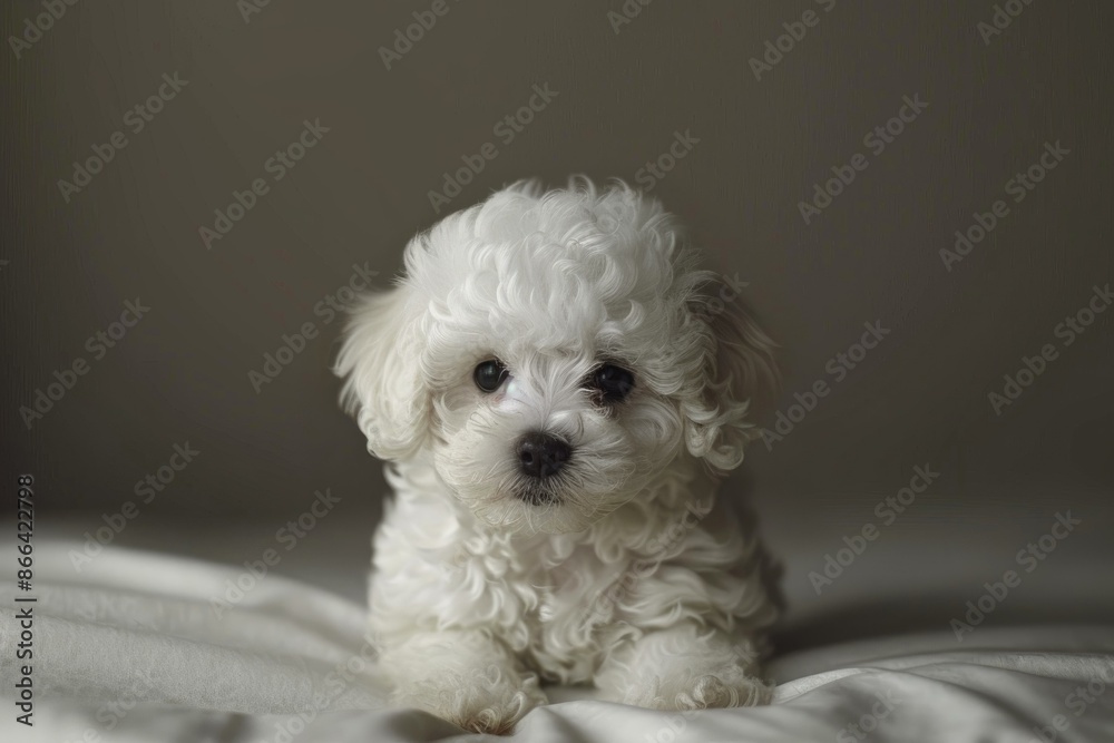 Cute white puppy with curly fur looking at the camera while resting on a comfortable bed Cute white puppy with curly fur looking at the camera while resting on a comfortable bed