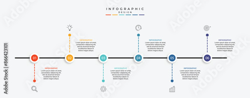 business infographic design with 6 parts or steps, containing icons, text, numbers, vector design
