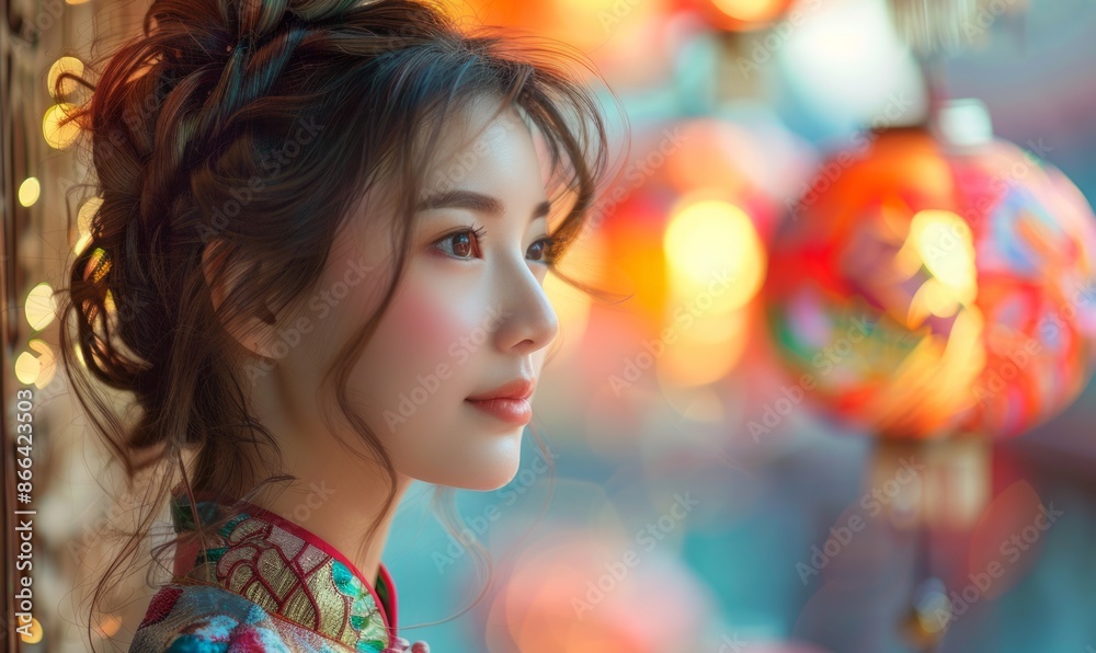 Woman with a traditional Asian dress, looking peaceful Woman with a traditional Asian dress, looking peaceful