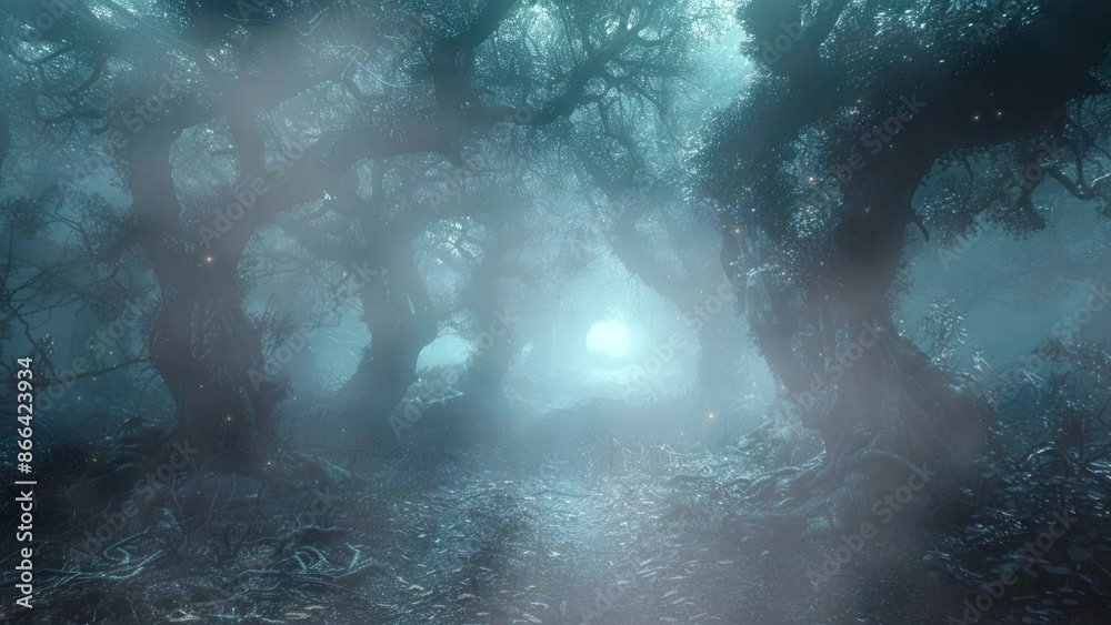 Foggy haunted woods with gnarled branches, horror video background