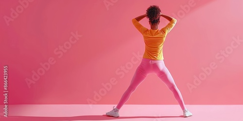 Fitness Enthusiast Posing Against Pink Background in Yellow Top and Pink Leggings photo