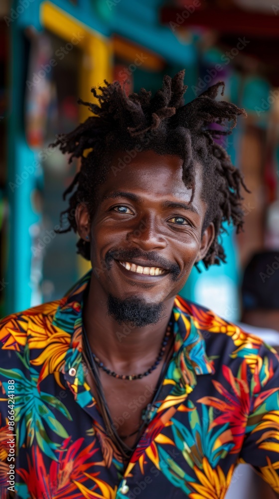 Jamaican man with a colorful shirt, looking happy Jamaican man with a colorful shirt, looking happy