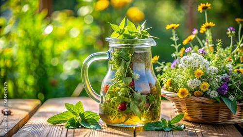 Mix of medicinal herbs in a glass jug in a garden