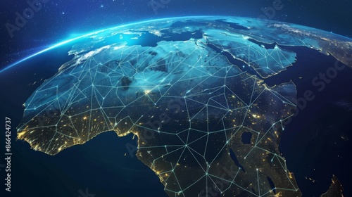 This image showcases a digital network spanning across Northern Africa and the Middle East at night, illustrating various urban centers lit up and interconnected by telecommunication lines.
