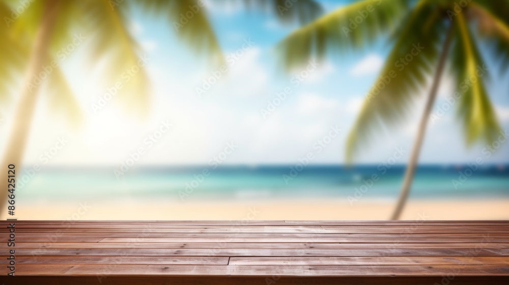 A wooden table extending into a scene of a tropical beach with blurred palm trees and waves in the background, capturing the essence of a serene seaside vacation. A wooden table extending into a scene of a tropical beach with blurred palm trees and waves in the background, capturing the essence of a serene seaside vacation.