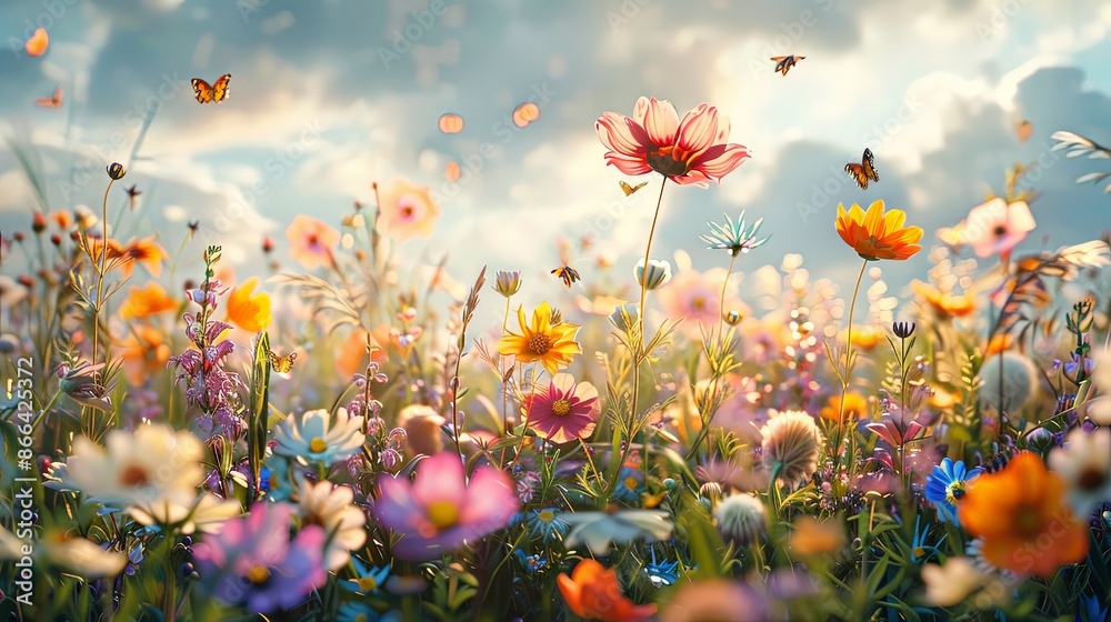 A vibrant meadow brimming with colorful wildflowers, butterflies, and various insects under a bright sky, showcasing the beauty and diversity of nature in summer.