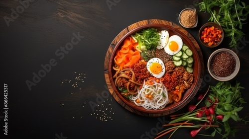 A wholesome bowl filled with a variety of fresh vegetables, soft-boiled eggs, and a mix of other nutritious ingredients; colorful, healthy, and nutritious, perfect for a balanced diet. photo