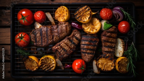 Succulent grilled steaks paired with an assortment of charred vegetables, including tomatoes and lemons, beautifully presented on a grill; ideal for outdoor barbecue lovers. photo