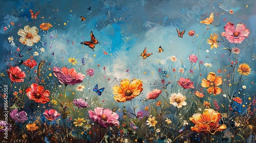 An artful representation of butterflies amongst a variety of flowers set against a vivid blue backdrop, combining nature's elements with creative vibrant artistry. © Barosanu