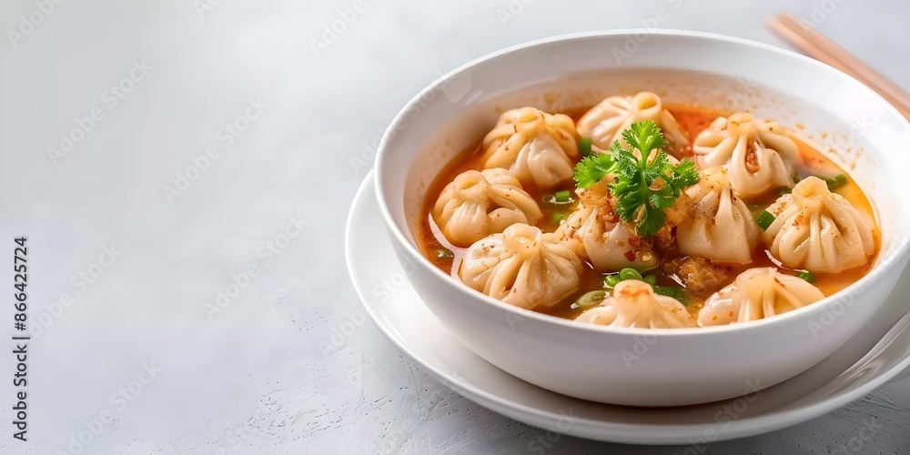 Front view of Korean dumpling soup with kimchifilled dumplings on white background. Concept Food Photography, Korean Cuisine, Dumpling Soup, Kimchi Dumplings, White Background Front view of Korean dumpling soup with kimchifilled dumplings on white background. Concept Food Photography, Korean Cuisine, Dumpling Soup, Kimchi Dumplings, White Background